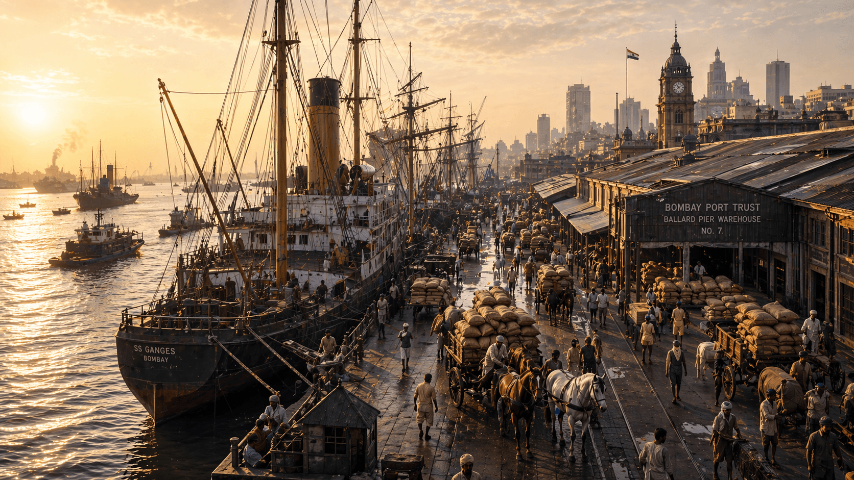 Bombay port, early 1900s — ships and dockside commodity loading